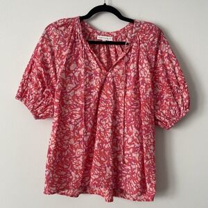 House of Harlow Cotton Puff Sleeve Floral Blouse Pink Sz M Boho Peasant Cottage